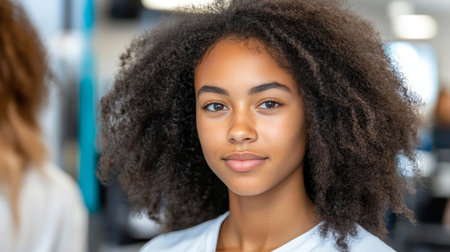 Confident, young woman with afro hairstyle, looking serious., head and shoulders portraitの素材