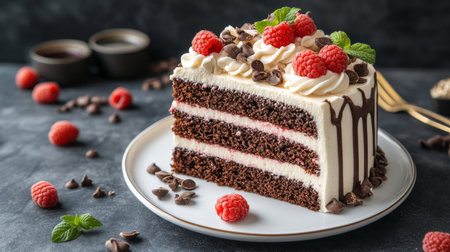 Slice of Chocolate Raspberry Cake. Fresh Raspberries and Chocolate Chips on White Plate, Close Upの素材