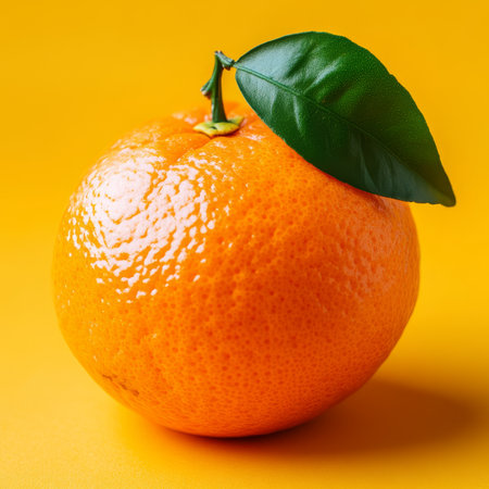 Vibrant, Ripe Tangerine with Leaf, Isolated on a Yellow Background. Citrus Fruit, Food Photographyの素材