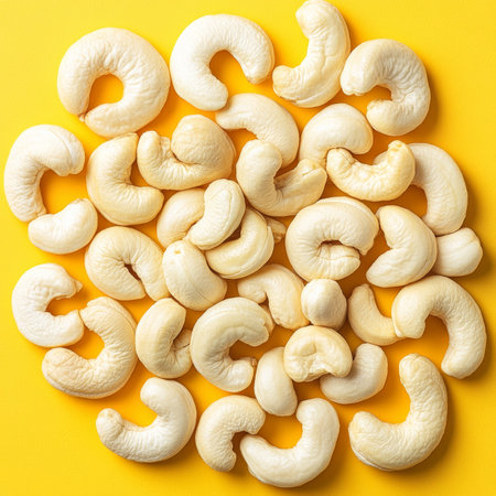 Creamy White Cashew Nuts in a Circular Arrangement, Vibrant Culinary Close-up on Yellow Backgroundの素材