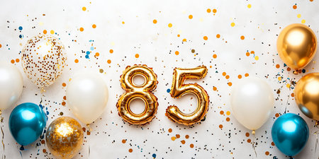 Celebration Background With Number 85 Balloon, Colorful Festive Balloons And Golden Confettiの素材