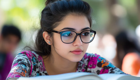 Focused female student wearing glasses, studying outdoors, blurred background with copy space.の素材