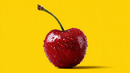 Glossy Red Cherry, Isolated on Vibrant Yellow, Smooth Skin, Freshness, Healthy Eatingの素材