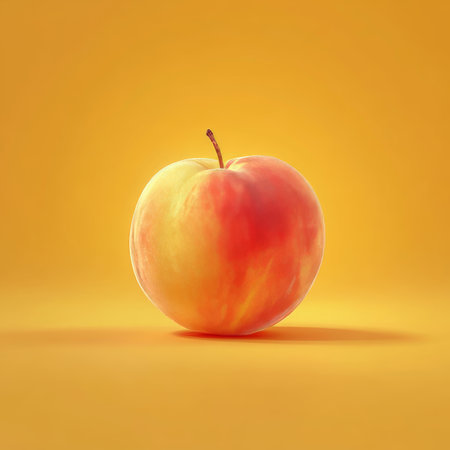 Isolated Ripe Peach Juicy and Vibrant on a Warm Yellow Background for Food Photographyの素材