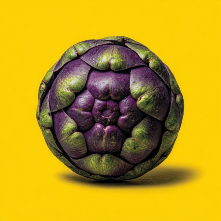 Vibrant Purple Artichoke, Isolated on Yellow, Unique Textured Vegetable, Healthy Eatingの素材