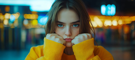 Serious Young Woman in Yellow Sweater with Focused Blue Eyes, in Soft Focus City Night Backgroundの素材