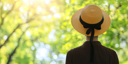 Woman in Straw Hat Relaxes on Summer Vacation, Enjoying the Green Blurred Nature Backgroundの素材