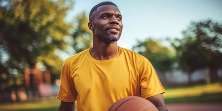 Confident African American Basketball Player Outdoor Court Advertising Area, Strategic Contemplationの素材