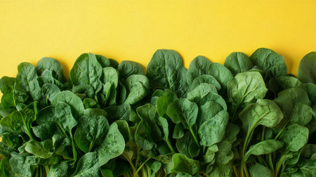 Fresh Green Spinach Leaves On Yellow Background, Food Background, Fresh Organic Vegetable Close Upの素材