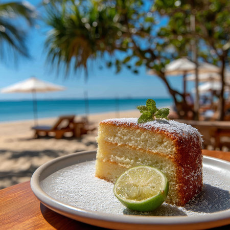 Slice of Coconut Lime Cake on White Plate with Lime at Tropical Beach, Vacation Dessertの素材