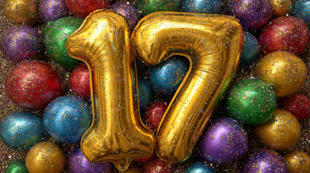 Golden Number 17 Balloons With Confetti, Seventeenth Birthday Celebration Party Decorationsの素材