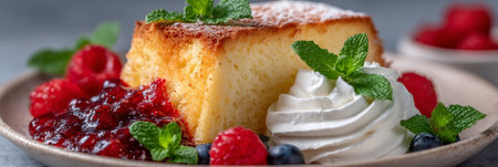 Vanilla Chiffon Cake Slice with Mixed Berries, Berry Compote, and Whipped Cream on White Plateの素材