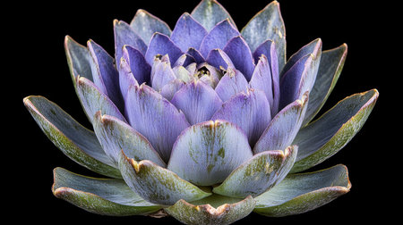 Vibrant Purple Artichoke Blossom Displays Unique Structure Against a Bold, Black Background.の素材