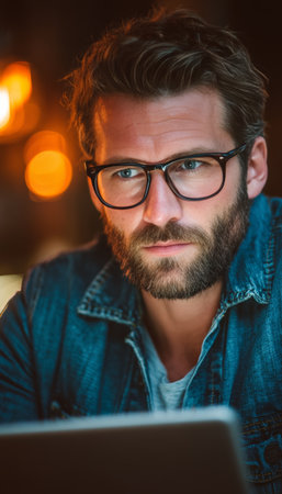 Focused Young Man in Denim Jacket Using Digital Tablet in Cozy Cafe with Warm Lightingの素材