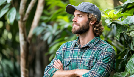 Confident Young Man in Nature Reserve, Portrait with Crossed Arms and Thoughtful Expressionの素材