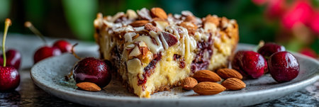 Slice of Cherry Almond Cake with Almond Glaze on Plate with Fresh Cherries and Spring Backgroundの素材