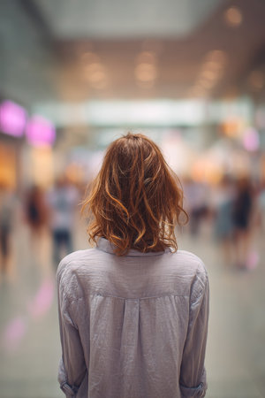 Fashionable Young Woman Standing in Busy Shopping Mall, Blurred Background with Copy Spaceの素材