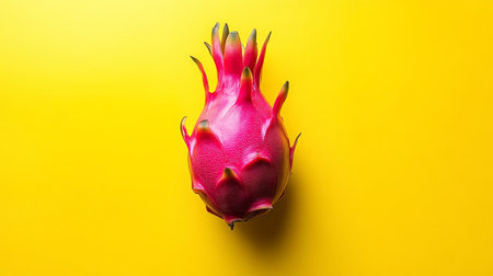 Ripe Dragon Fruit, Exotic Tropical Fruit, Isolated on Vibrant Yellow Background, Minimalist Styleの素材