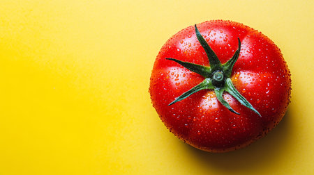 Ripe Red Tomato with Water Droplets, Isolated on a Vibrant Yellow Background, Close-Up Viewの素材