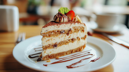 Delicious Hazelnut Torte Slice with a Chocolate Drizzle, Topped with Chocolate, Strawberry, and Mintの素材