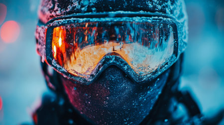 Close-Up, Snow Covered, Mirrored Goggles, Winter Sports Enthusiast, Cold, Blurred Backgroundの素材