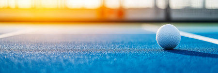 Close-up of a Field Hockey Ball on a Blue Turf Field, Sports Equipment for Competition and Trainingの素材
