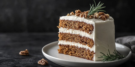 Slice of Moist Carrot Cake with Cream Cheese Frosting, Rosemary, and Walnuts on White Plateの素材