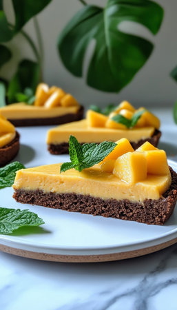 Slices of Mango Mousse Cake with Fresh Mango, Chocolate Crust and Mint on White Plateの素材