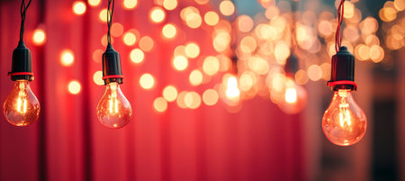 Glowing Vintage Edison String Lights Against a Blurred Red Background, Creating a Festive Atmosphereの素材