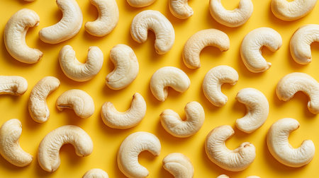 Cashew Nuts, Isolated on Yellow Background, Creamy White Tones, Distinctive Shape, Vibrantの素材