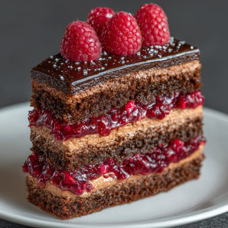 Slice of Chocolate Raspberry Cake topped with Fresh Raspberries and Raspberry Coulis on White Plateの素材