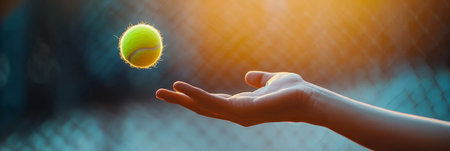 Male Hand About to Hit a Tennis Ball In Motion on a Sunny Day With a Blurred Backgroundの素材