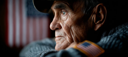 Weathered Veteran Reflects on Service With Pride on Veterans Day With American Flagの素材
