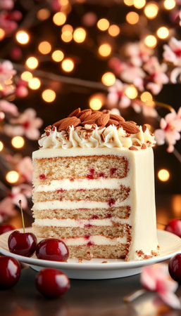 Slice of Cherry Almond Cake with Almond Glaze, Whole Cherries on White Plate, with a Spring Backdropの素材