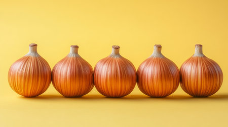 Five Vibrant Onions in a Row, Isolated on a Yellow Background Autumn Food Photographyの素材