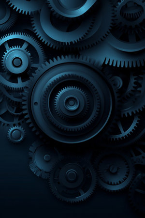 Intricate Metallic Gears Interlocking in a Complex Pattern, Closeup View on Dark Background.の素材