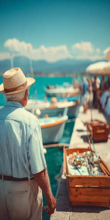 Fisherman Standing by Fishing Boats With a Wooden Crate, Summertime Blue Waters Sceneryの素材