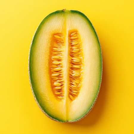 Ripe Galia Melon Halved, Showcasing Vibrant Green and Yellow Flesh, Isolated on Yellow Backgroundの素材
