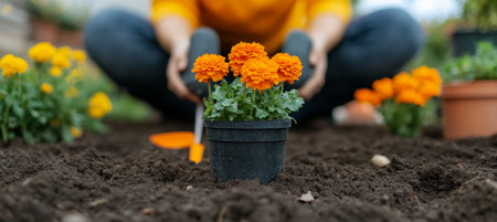 Woman Planting Flowers In The Garden, Gardening Hobby, Spring Time Planting, Close Up Viewの素材