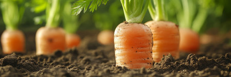 Fresh, Organic Carrots Growing in the Garden A Close-up View of Homegrown Vegetables in the Soilの素材