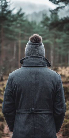 Man in Winter Coat Exploring Nature, with Serene Forest Background and Copy Space for Tranquility.の素材