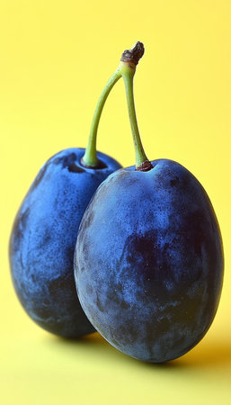 Two Ripe Plums, Deep Purple Tones, Smooth Skin, Isolated on a Vibrant Yellow Backgroundの素材