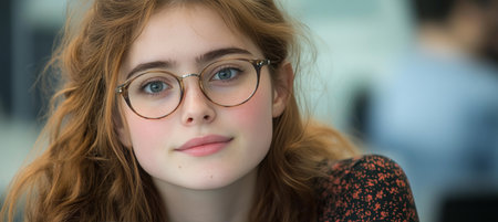 Portrait ,Casual Young Woman with Glasses, Looking directly At Camera,Office background.の素材
