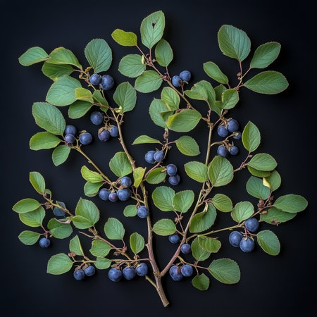 Ripe Huckleberries and Leaves In Full Bloom Isolated Against a Black Studio Background.の素材