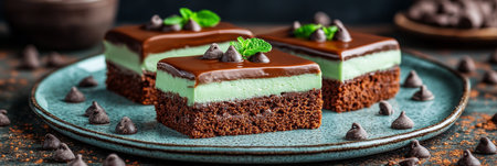 Three Slices of Mint Chocolate Chip Cake with Chocolate Ganache and Garnish on a Blue Plateの素材