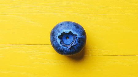 Single Vibrant Blueberry, Isolated on Vivid Yellow Background, Deep Blue Tones, Smooth Skinの素材