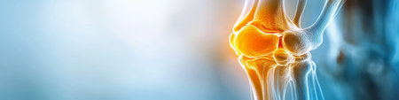 Human Knee Joint Inflammation Detailed Anatomical Close-Up Illustration on a Blue Backgroundの素材