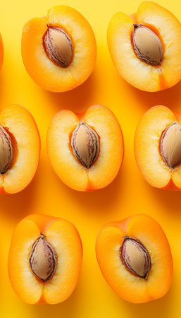 Vibrant Apricot Halves, Isolated on Yellow Capturing Summer s Essence, Texture, and Color.の素材
