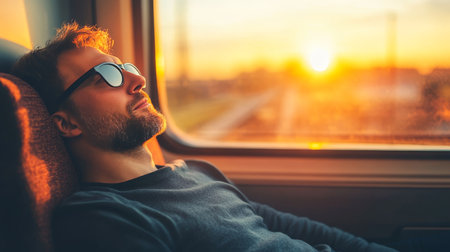 Relaxing Sunset Train Journey Young Man Enjoys Scenic Ride with Golden Hour Views, Copy Spaceの素材