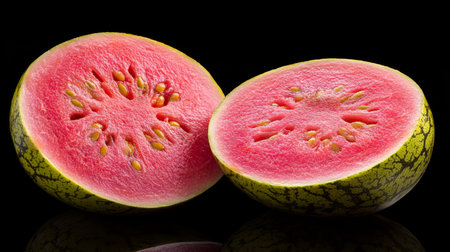 Two Slices of Ripe, Vibrant Red Watermelon Isolated on a Black Background, Showcasing Textured Skinの素材